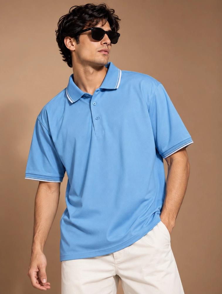 Sky Blue Mens Premium Primo Knit 200 GSM Polo TShirt With White Collor And Sleeve Tipping