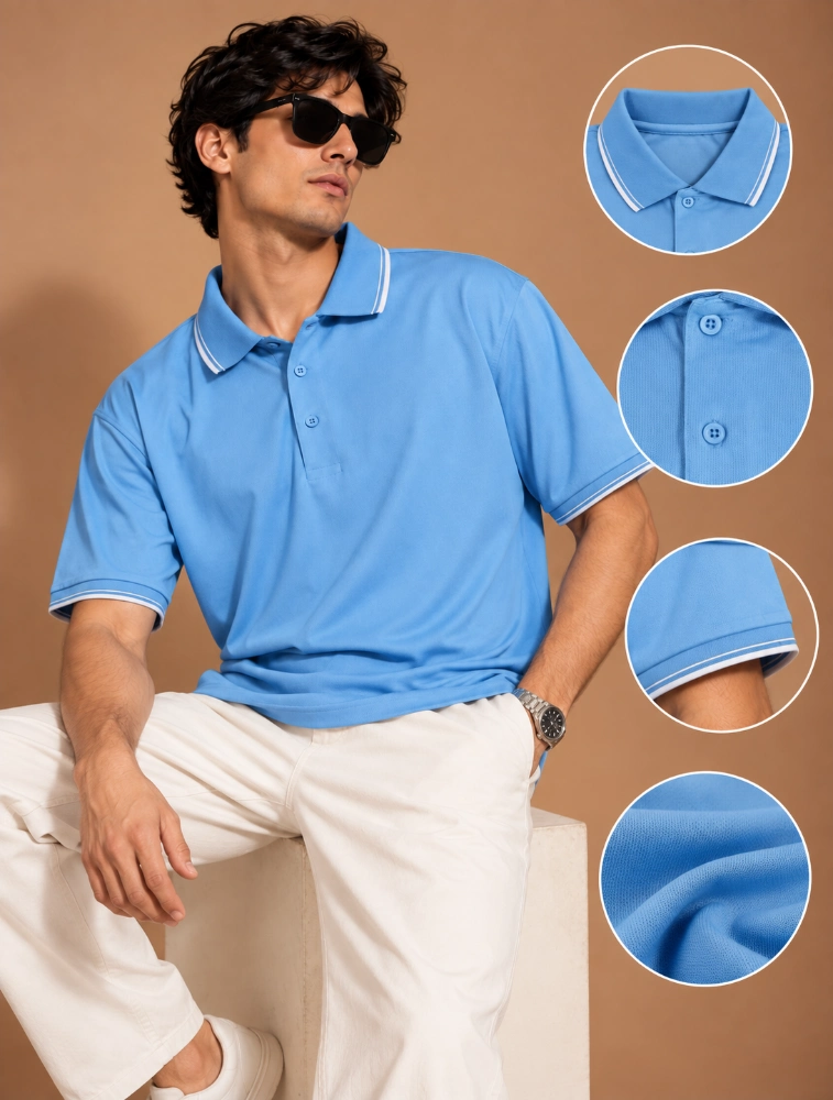 Sky Blue Mens Premium Primo Knit 200 GSM Polo TShirt With White Collor And Sleeve Tipping 