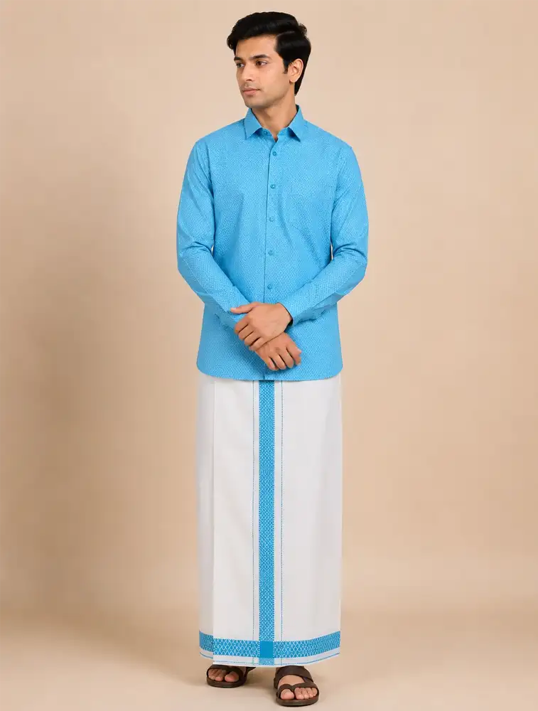 Sky Blue Mens Royal Prism Printed Shirt and Dhoti Sets  