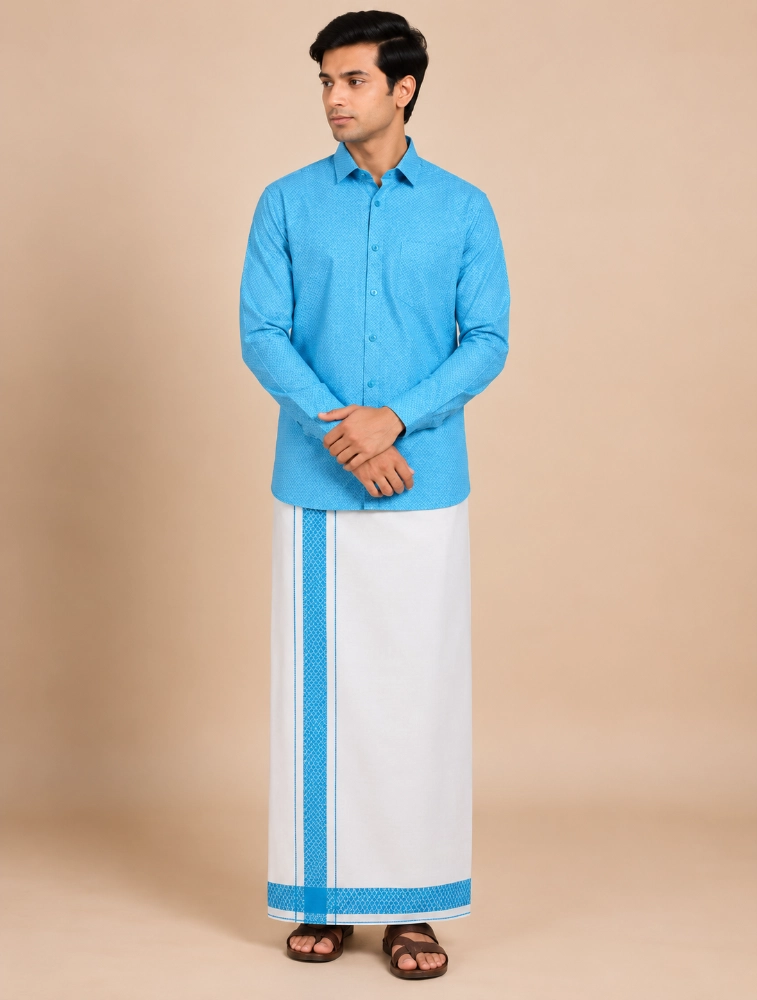Sky Blue Mens Royal Prism Printed Shirt and Dhoti Set