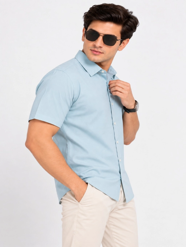 Sky Blue Mens Slim Fit Solid Casual Shirt