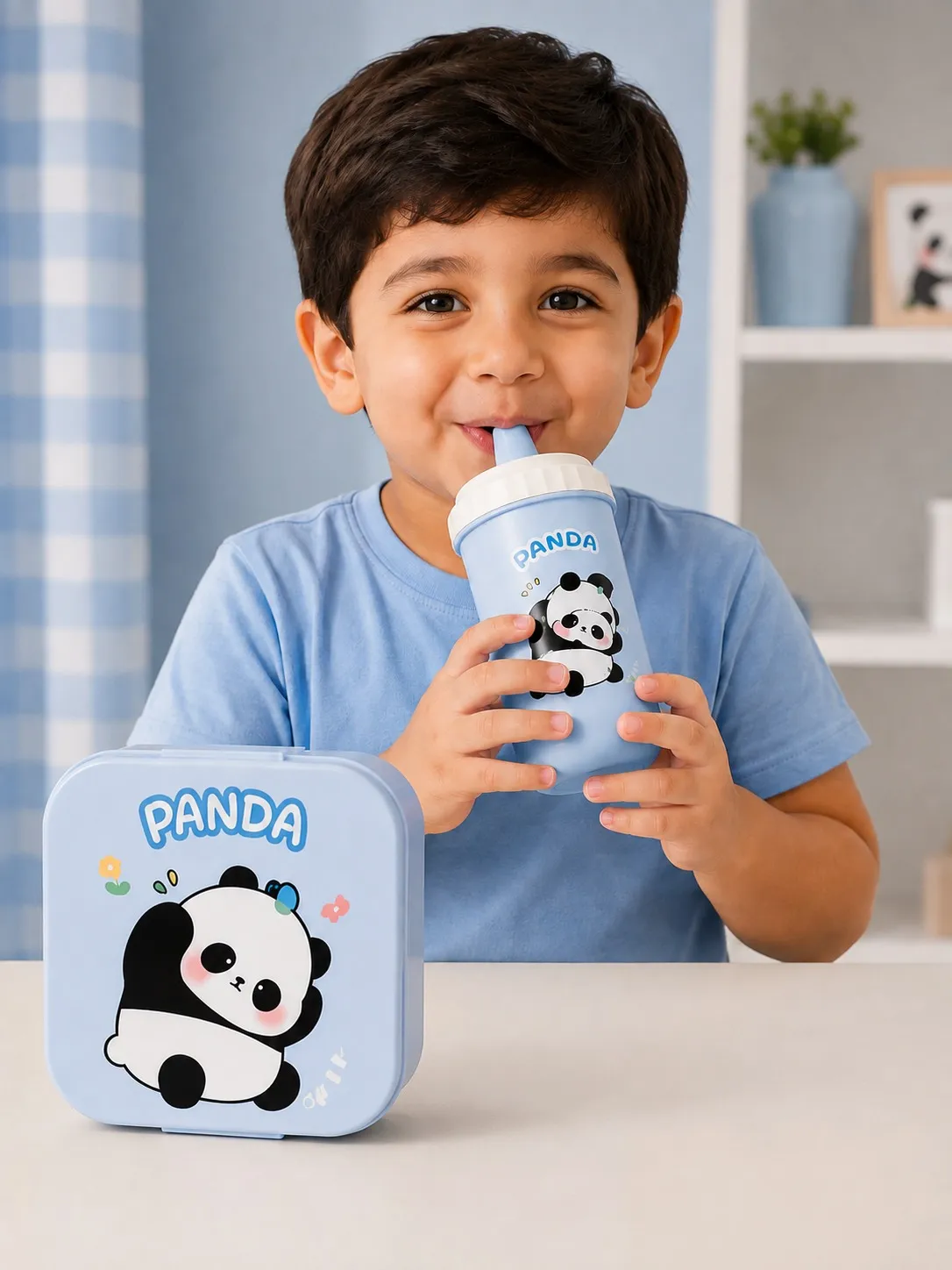 Sky Blue Panda Cartoon Lunch Box And Sipper Bottle Combo Set