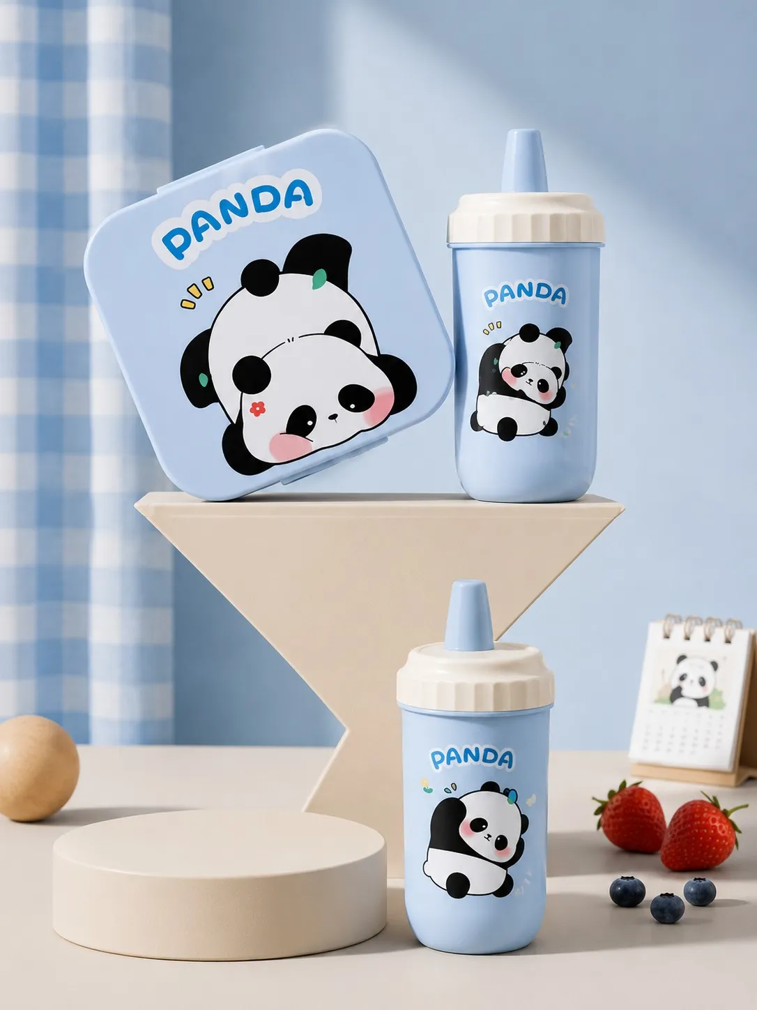 Sky Blue Panda Cartoon Lunch Box And Sipper Bottle Combo Set