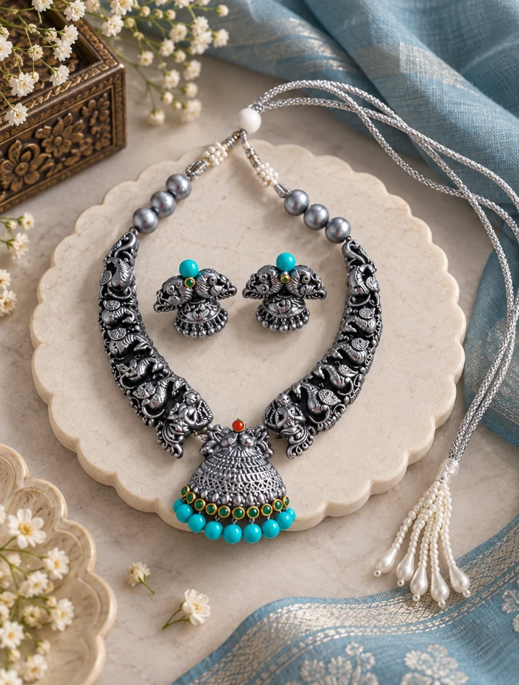 Sky Blue Rajhamsa Terracotta Jewellery Set     