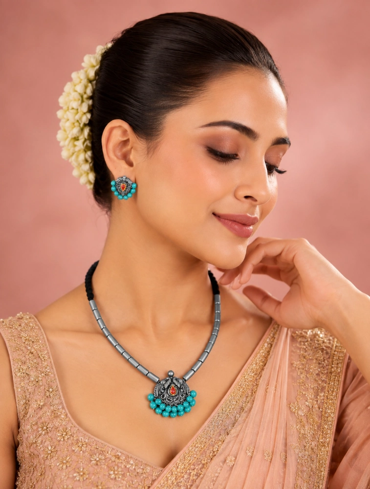 Sky Blue Swarna Mrittika Terracotta Jewellery Set   