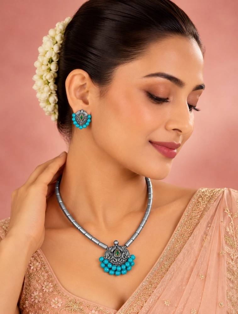 Sky Blue Swarna Mrittika Terracotta Jewellery Set  