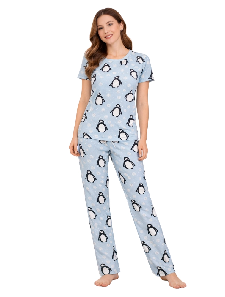 Sky Blue Women Cotton Printed Night Suit Set