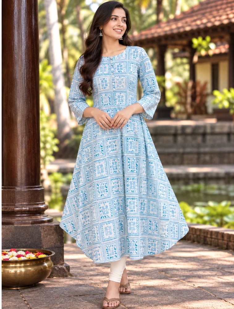 Sky Blue Women Ethnic Motifs Printed Floral Kurta