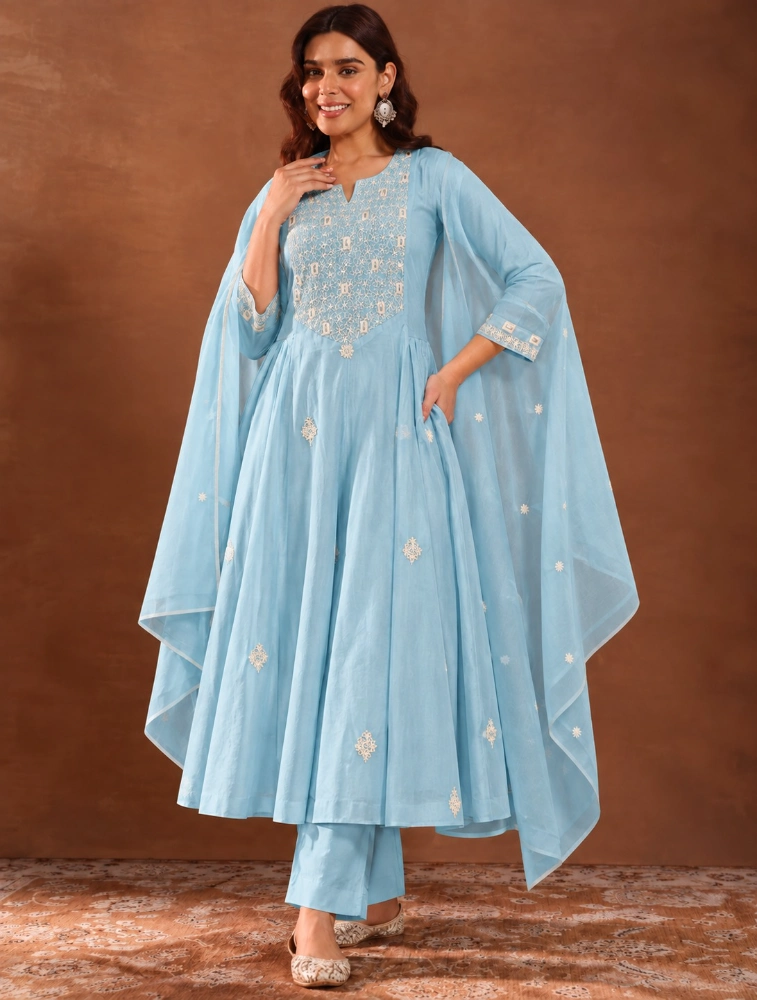 Sky Blue Womens Embroidered Cotton Ethnic Kurta with Pant and Dupatta Set