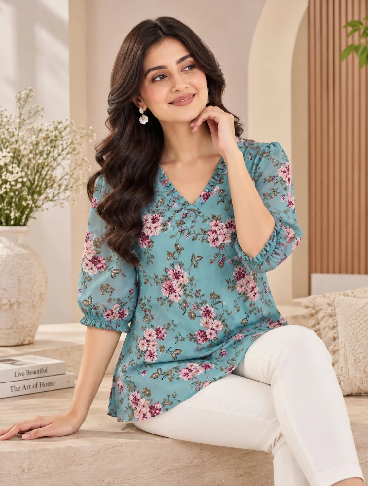 Sky Blue Womens Floral Print Top 