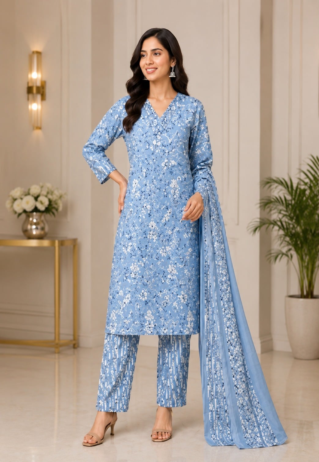 Sky Blue Womens Printed Cotton Kurta Set with Dupatta 