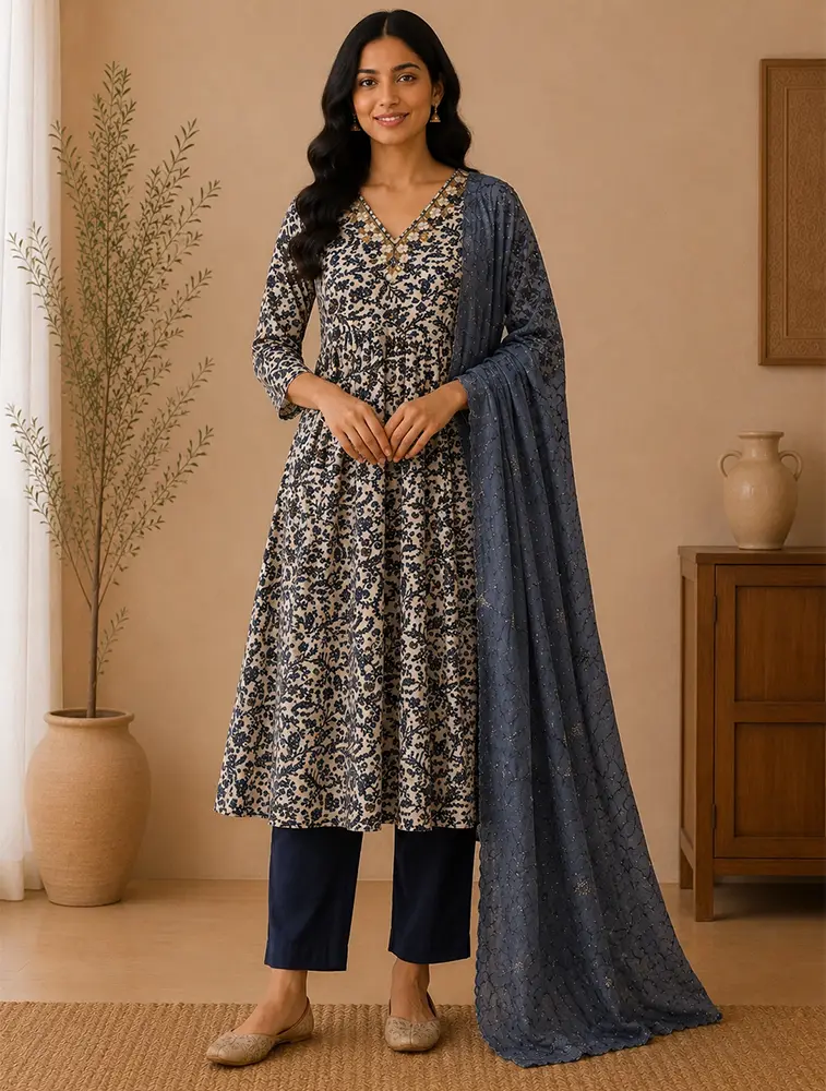 Slate Blue Womens Floral Printed Rayon Fabric Kurtha Set With Dupatta  