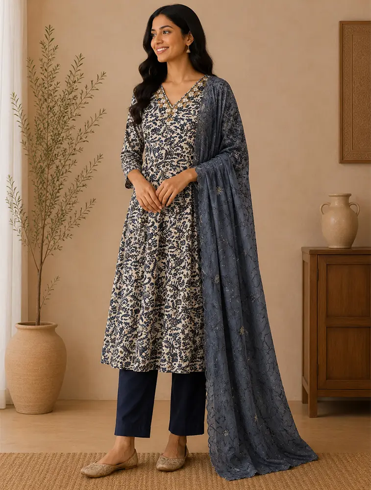 Slate Blue Womens Floral Printed Rayon Fabric Kurtha Set With Dupatta — bulk from ₹1176