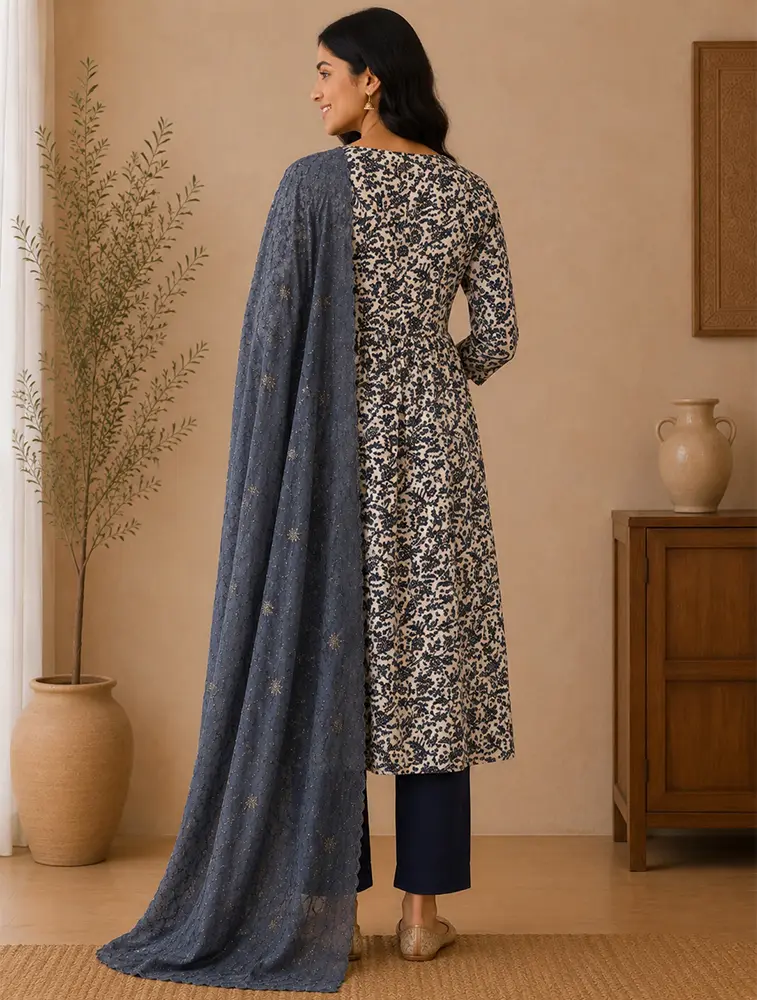 Slate Blue Womens Floral Printed Rayon Fabric Kurtha Set With Dupatta