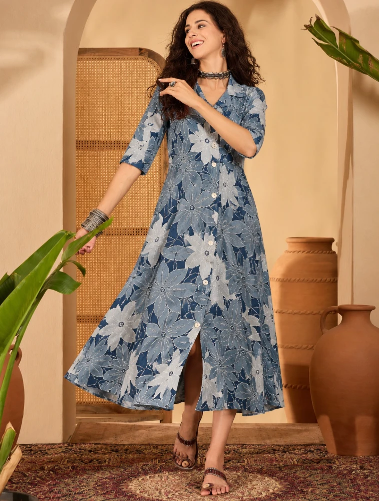 Slate Blue Womens Printed Anarkali Kurta 