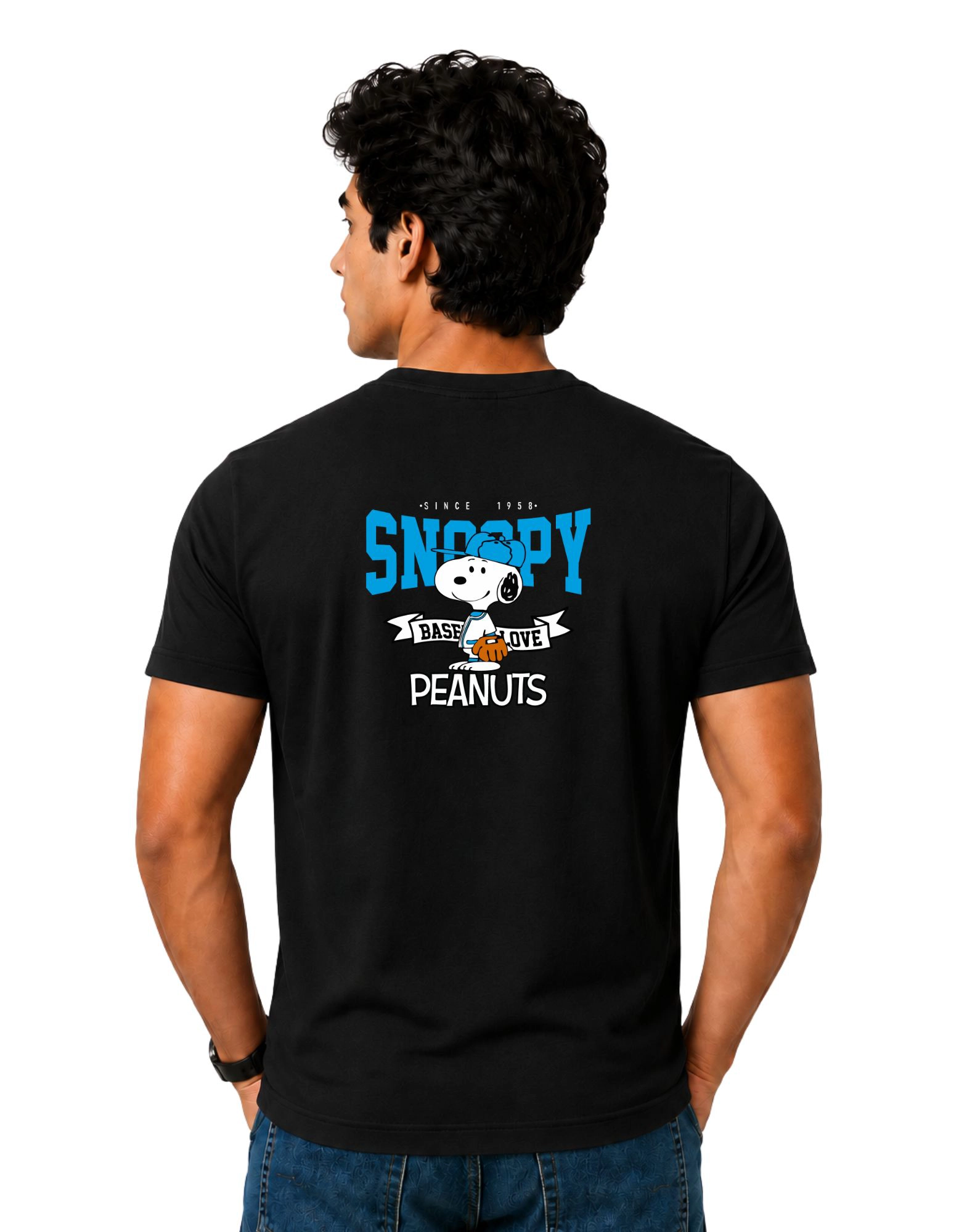 Snoopy Baseball Love Cotton Round Neck T-Shirt 180 GSM Black