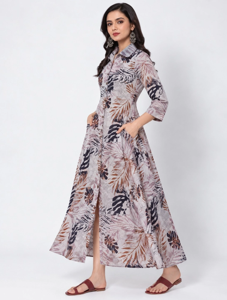 White with Floral Womens Floral Printed Cotton Blend Kurta