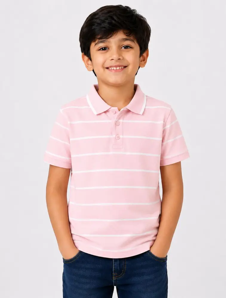 Soft Pink Boys Kids 190 GSM Striped Half Sleeve Polo T Shirt