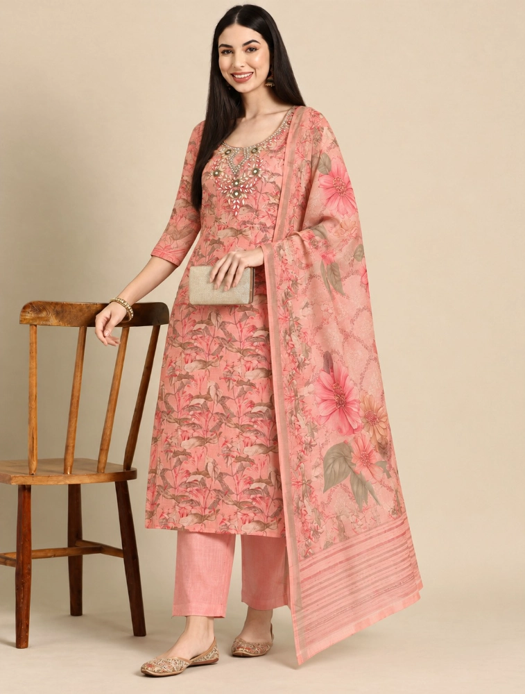 Soft Pink Embroidered Straight Kurta with Pant and Dupatta Set