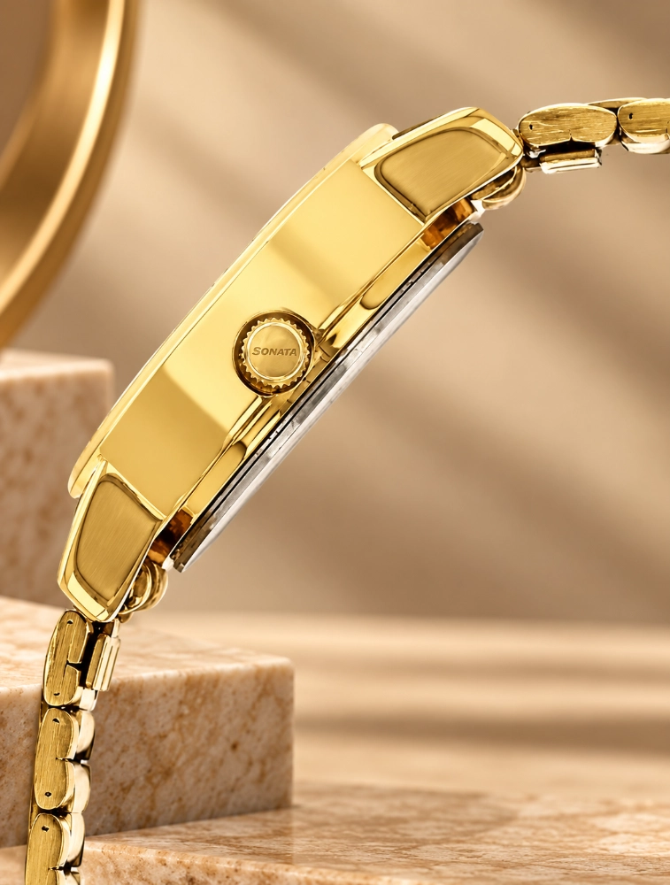 Sonata Quartz Analog Champagne Dial Stainless Steel Strap Watch For Women NS8976YM06W