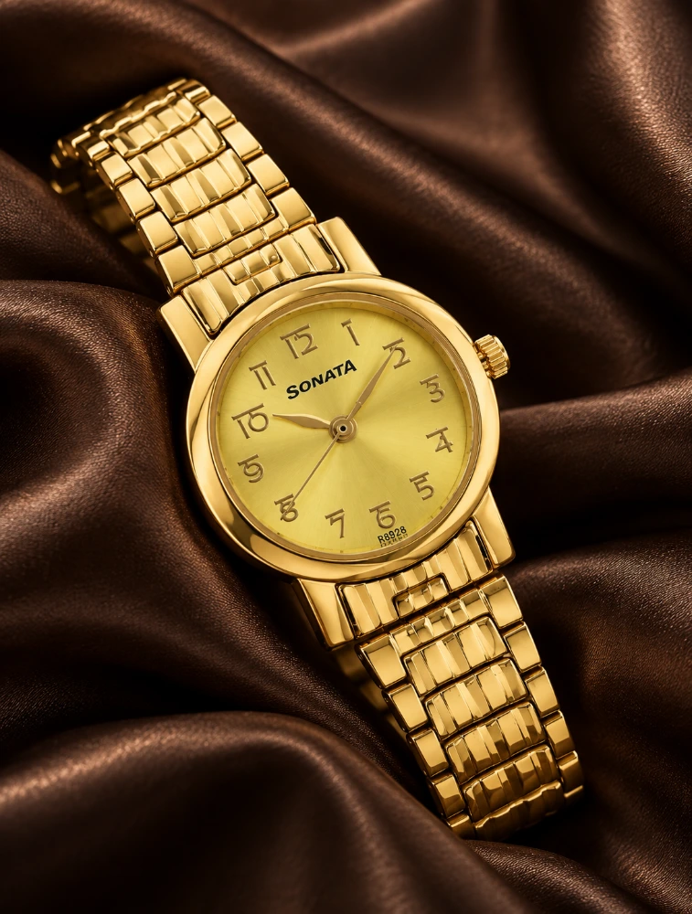 Sonata Quartz Analog Champagne Dial Stainless Steel Strap Watch For Women NS8976YM06W
