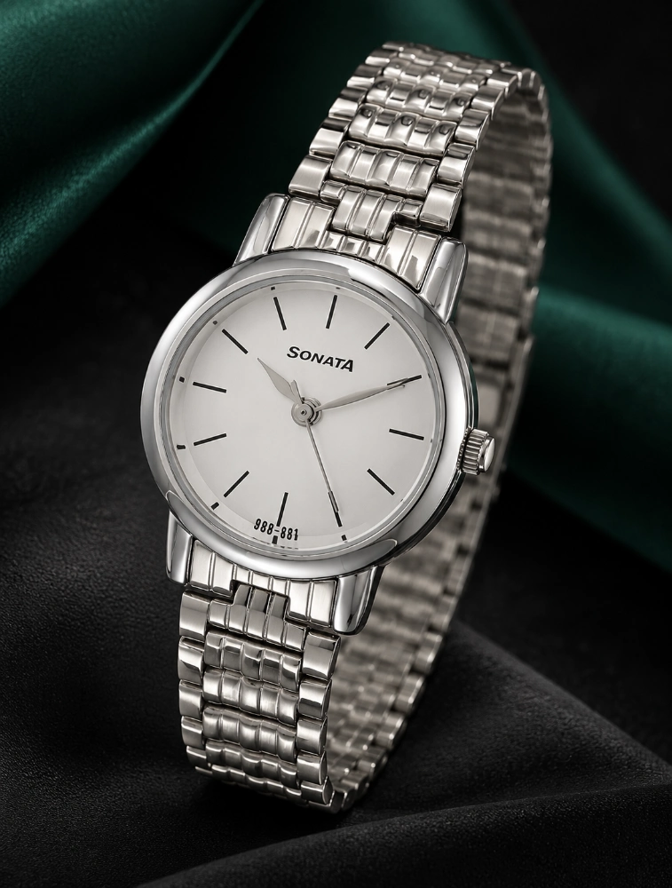 Sonata Quartz Analog White Dial Silver Stainless Steel Strap Watches For Women  NU8976SM01W