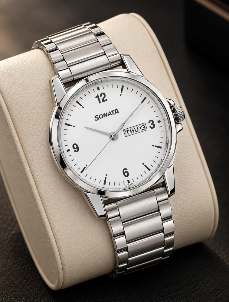 Sonata Quartz Analog With Day And Date White Dial Stainless Steel Strap Watch For Men NT77083SM01