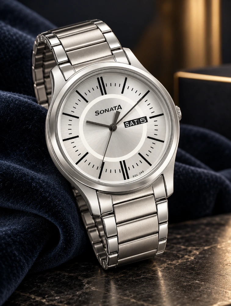 Sonata Quartz Analog with Day and Date Silver Dial Silver Stainless Steel Strap Watch For Men NU77082SM02W