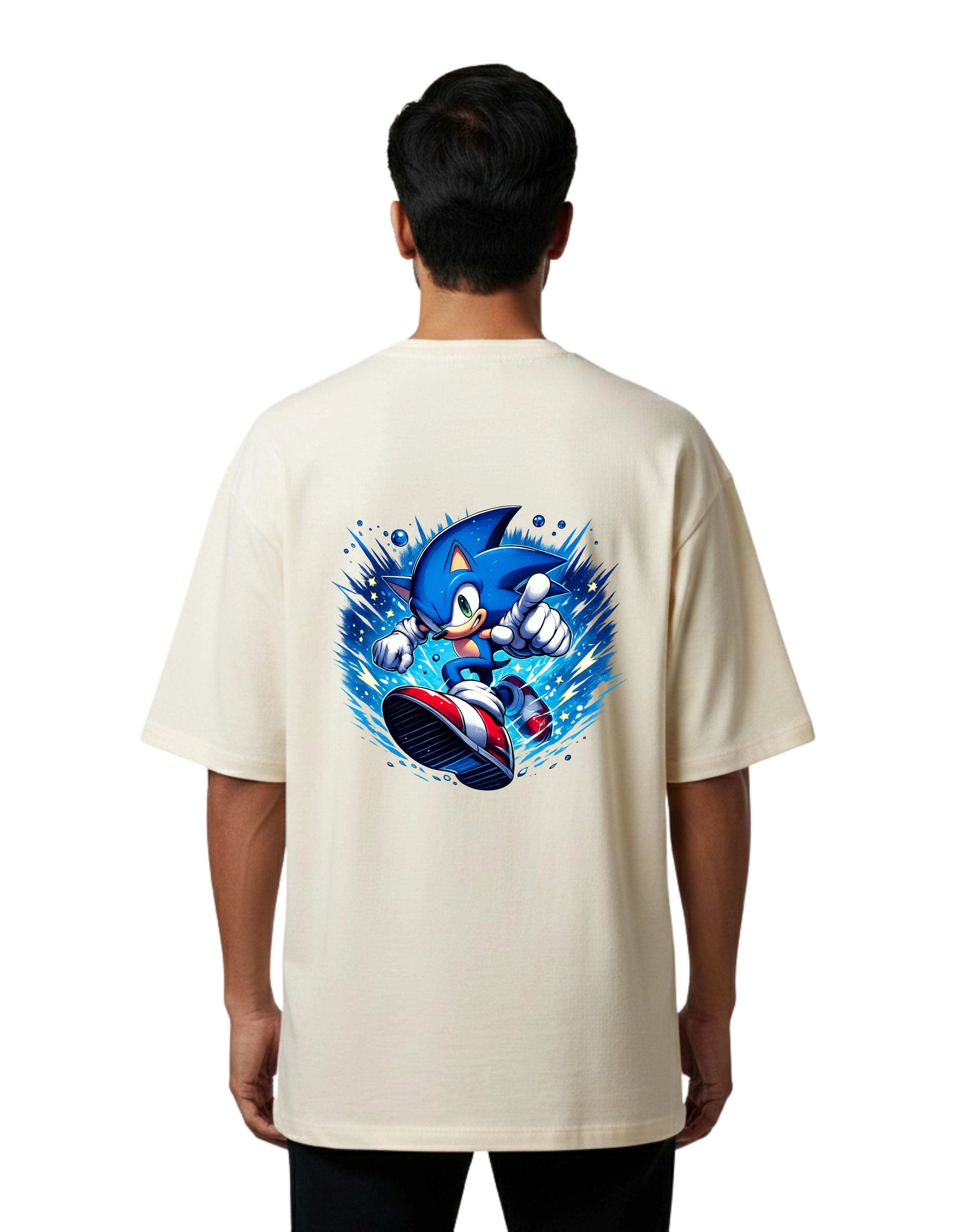 Sonic Graphic Oversized Cotton French Terry T-Shirt 240 GSM Beige