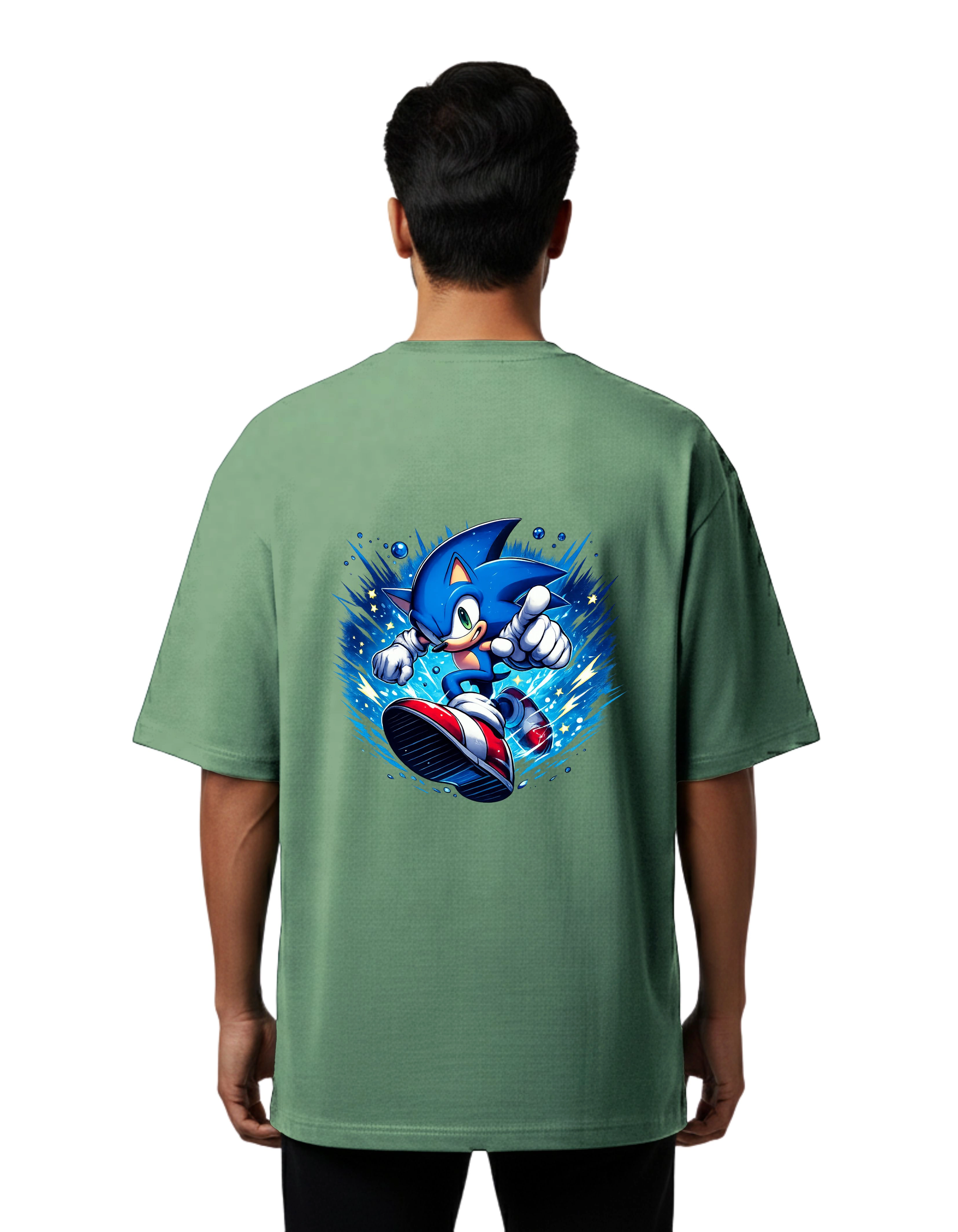 Sonic Graphic Oversized Cotton French Terry T-Shirt 240 GSM D Green