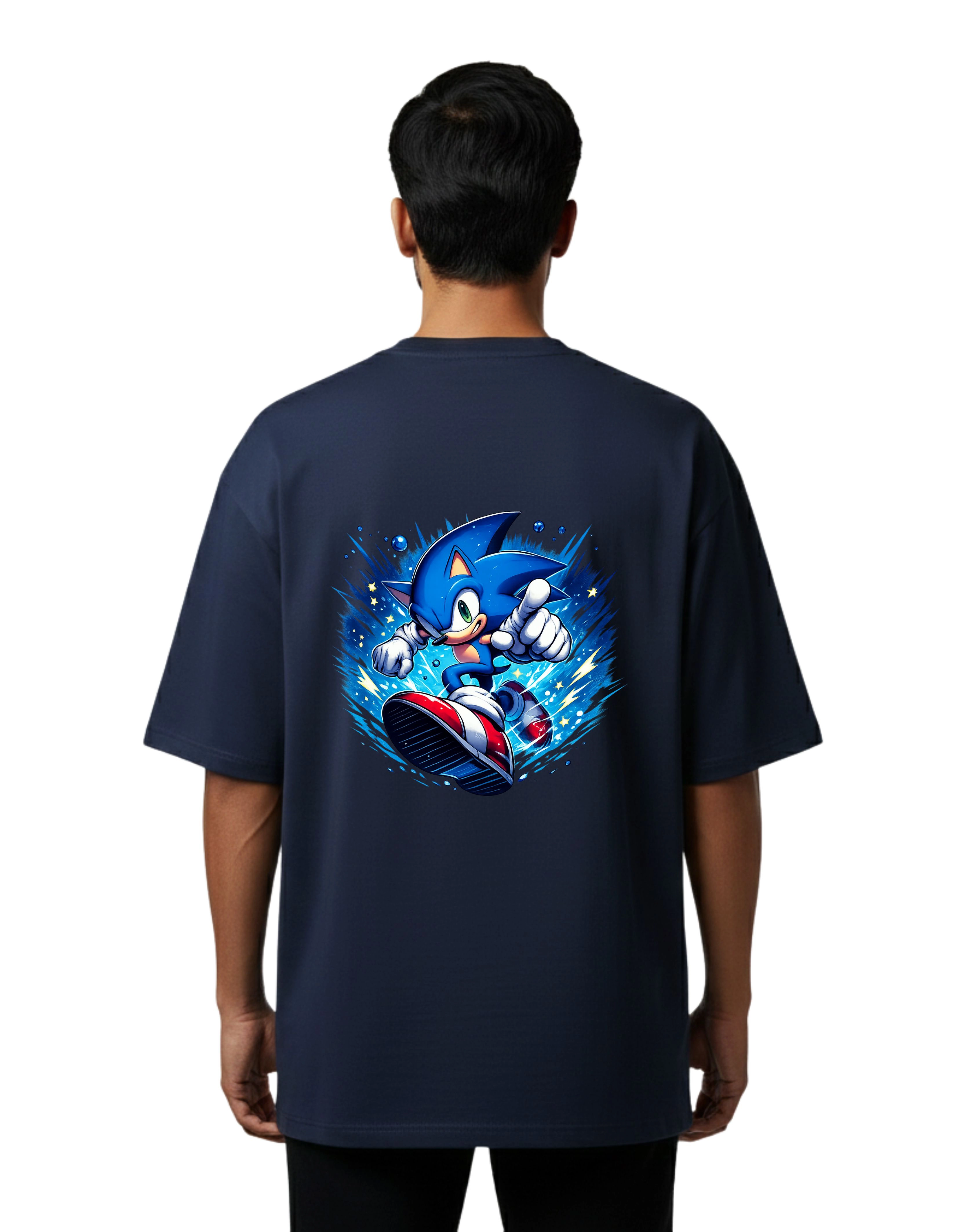 Sonic Graphic Oversized Cotton French Terry T-Shirt 240 GSM Navy Blue