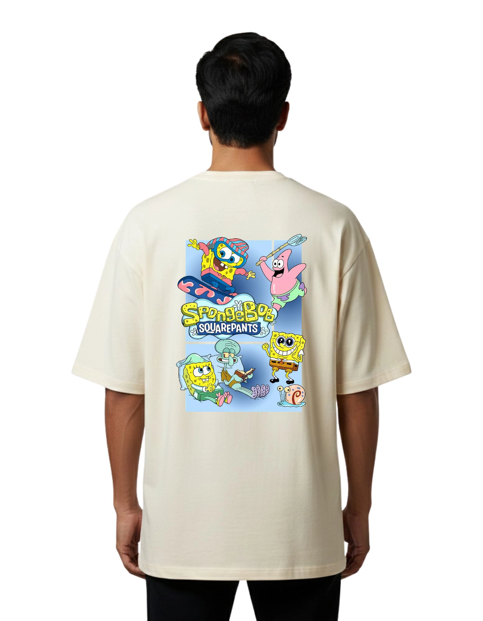 SpongeBob Cartoon Vibes Oversized Cotton French Terry T-Shirt 240 GSM Beige