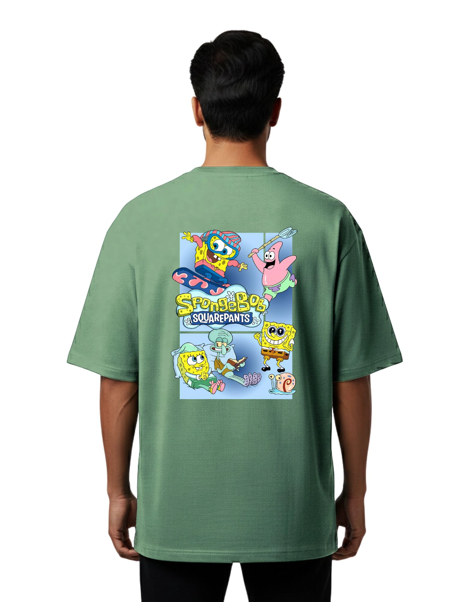 SpongeBob Cartoon Vibes Oversized Cotton French Terry T-Shirt 240 GSM D Green
