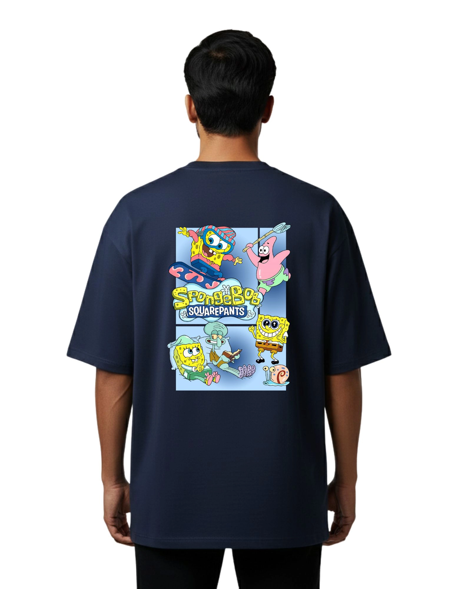 SpongeBob Cartoon Vibes Oversized Cotton French Terry T-Shirt 240 GSM Navy Blue