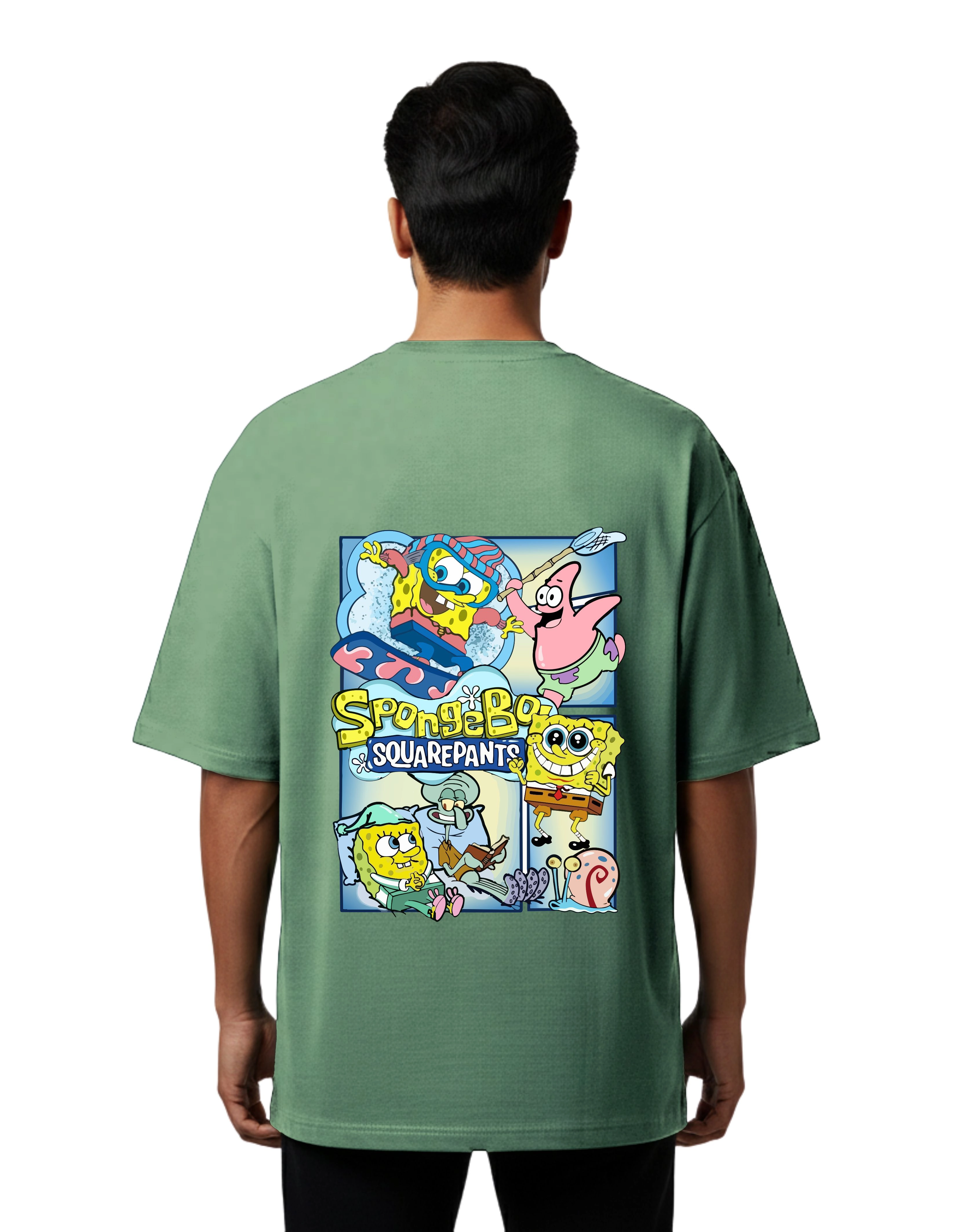 SpongeBob Graphic Oversized Cotton French Terry T-Shirt 240 GSM D Green
