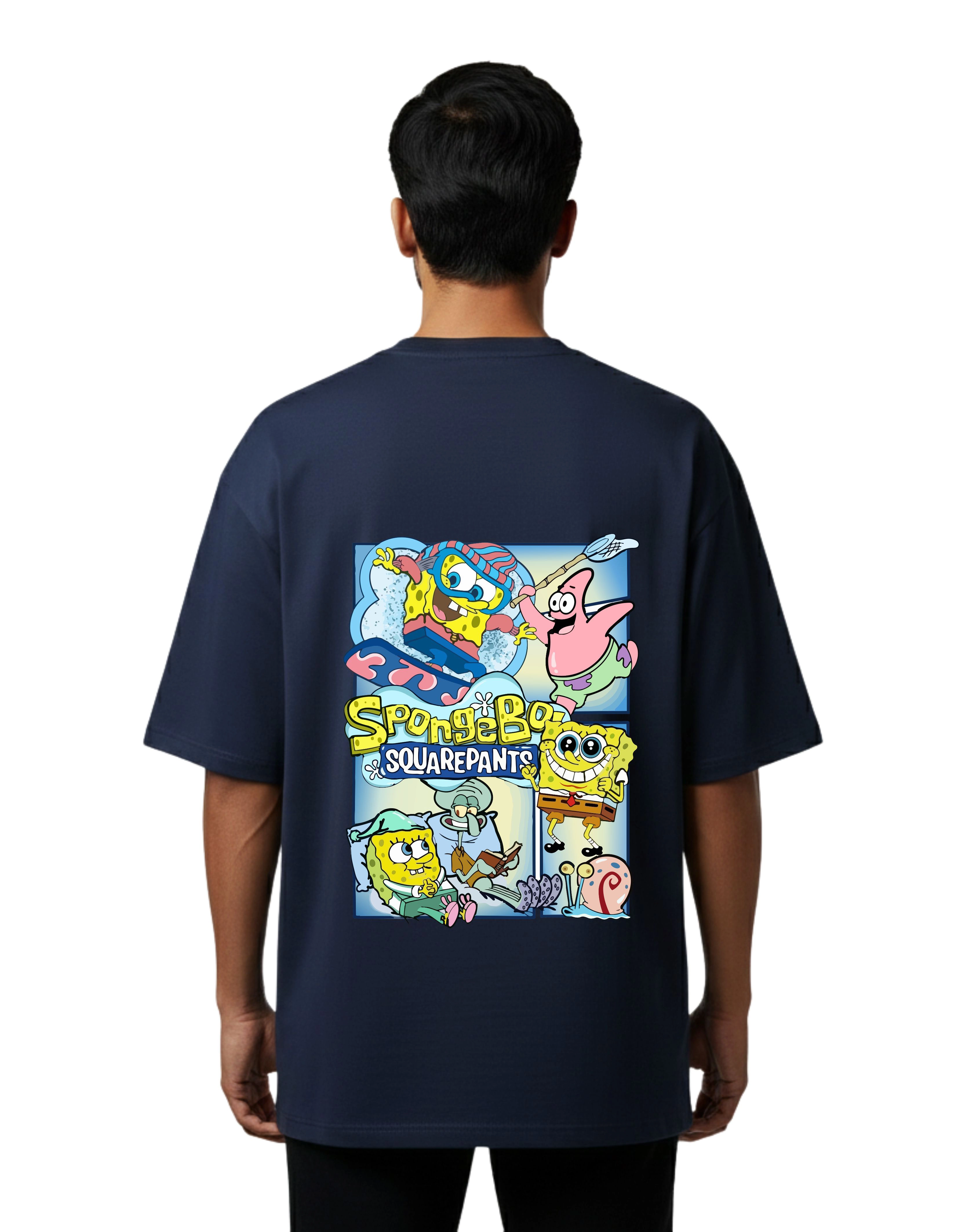 SpongeBob Graphic Oversized Cotton French Terry T-Shirt 240 GSM Navy Blue