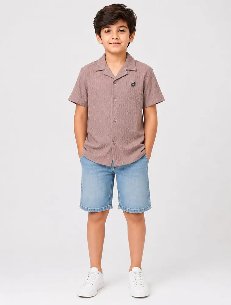 Standstone Beige Boys Premium Crestline Textured Collared Shirt