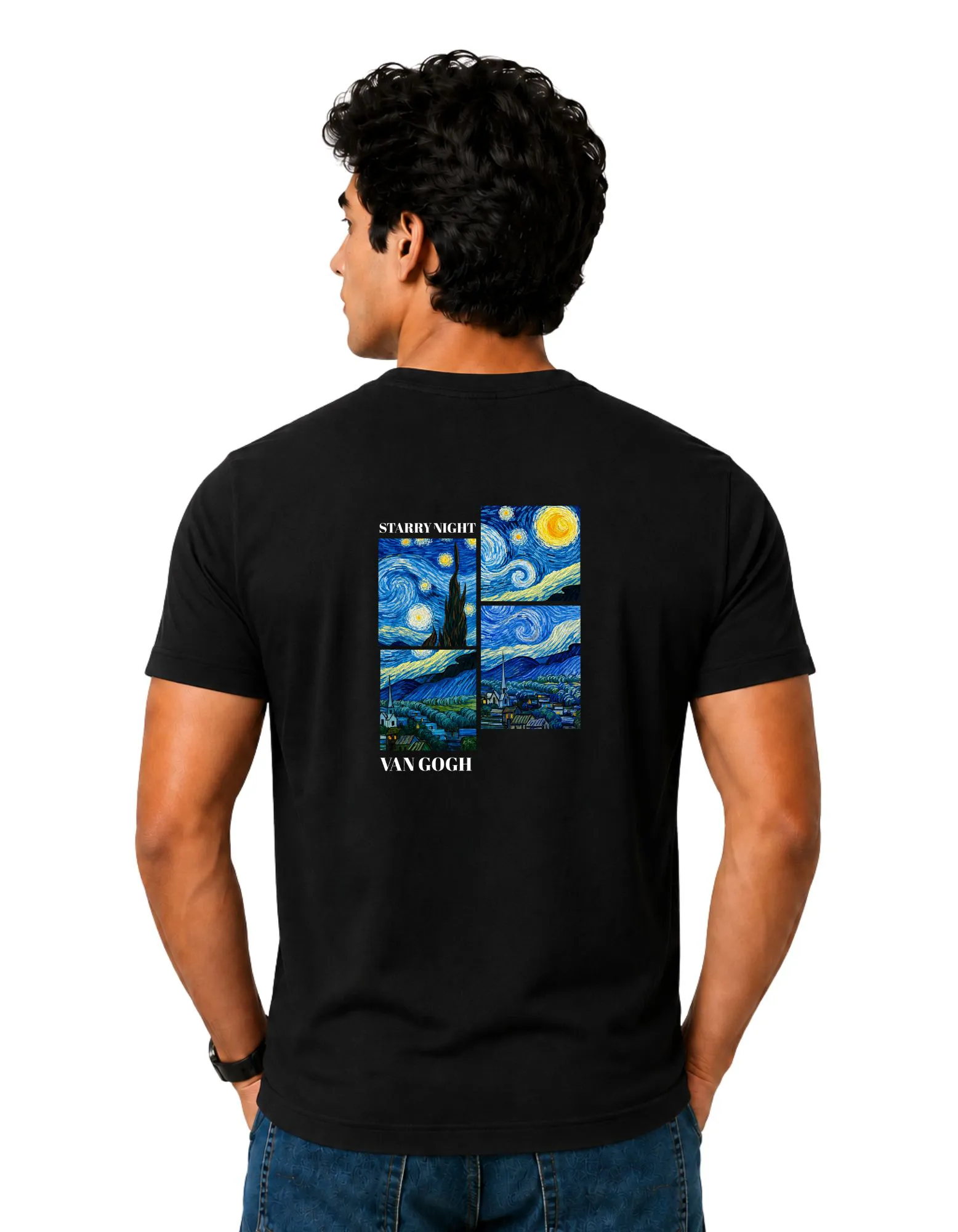 Starry Night Cotton Round Neck T-Shirt 180 GSM Black