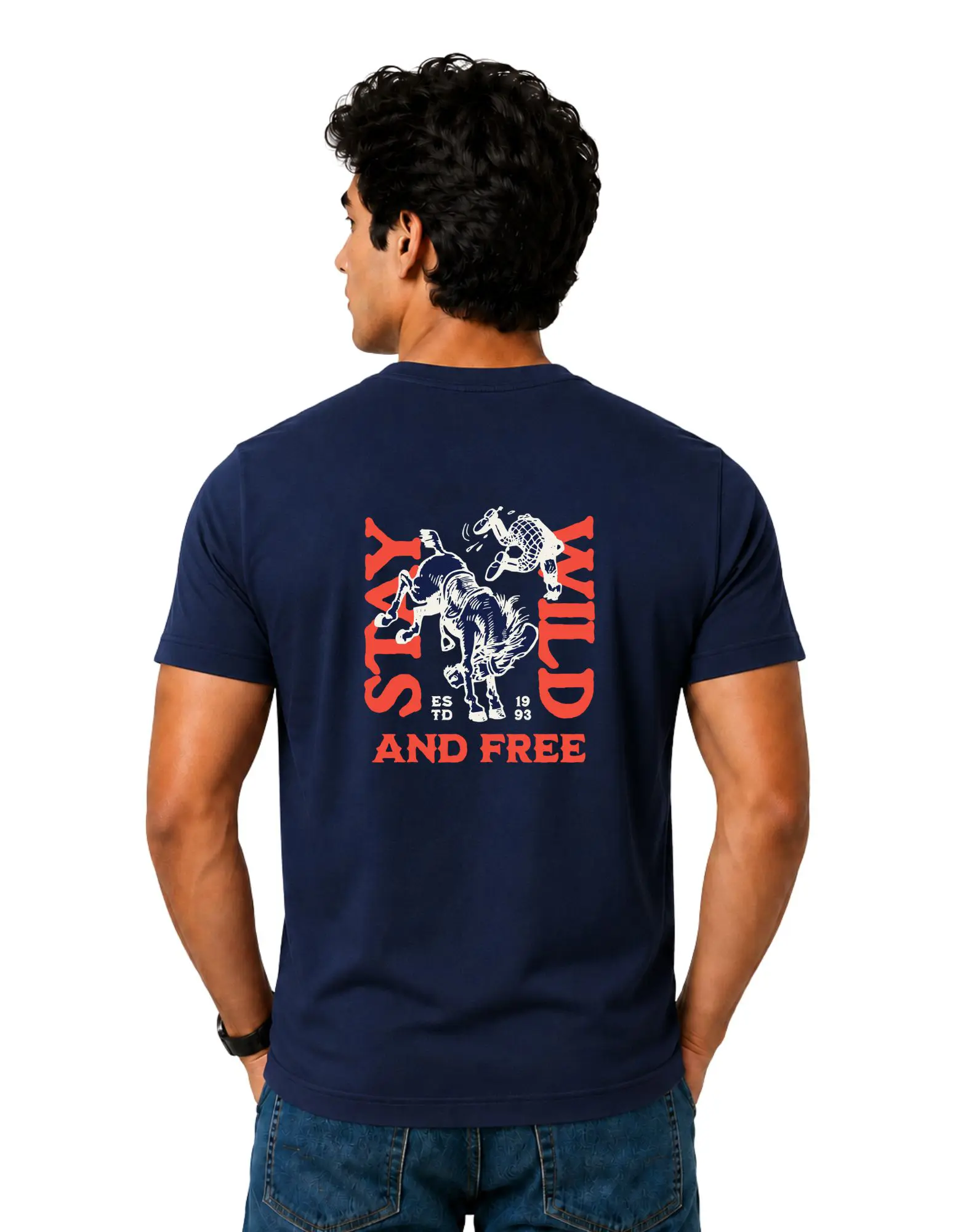 Stay Wild And Free Cotton Round Neck T-Shirt 180 GSM Navy Blue