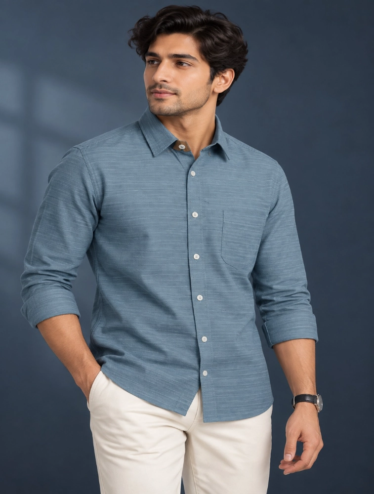 Steal Blue  Mens Slim Fit Solid Casual Shirt
