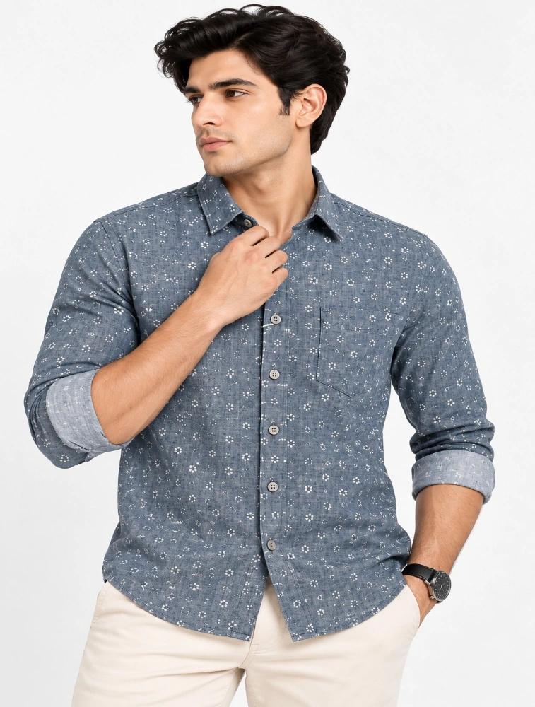 Steel Blue Mens Premium Slim Fit Printed Shirt