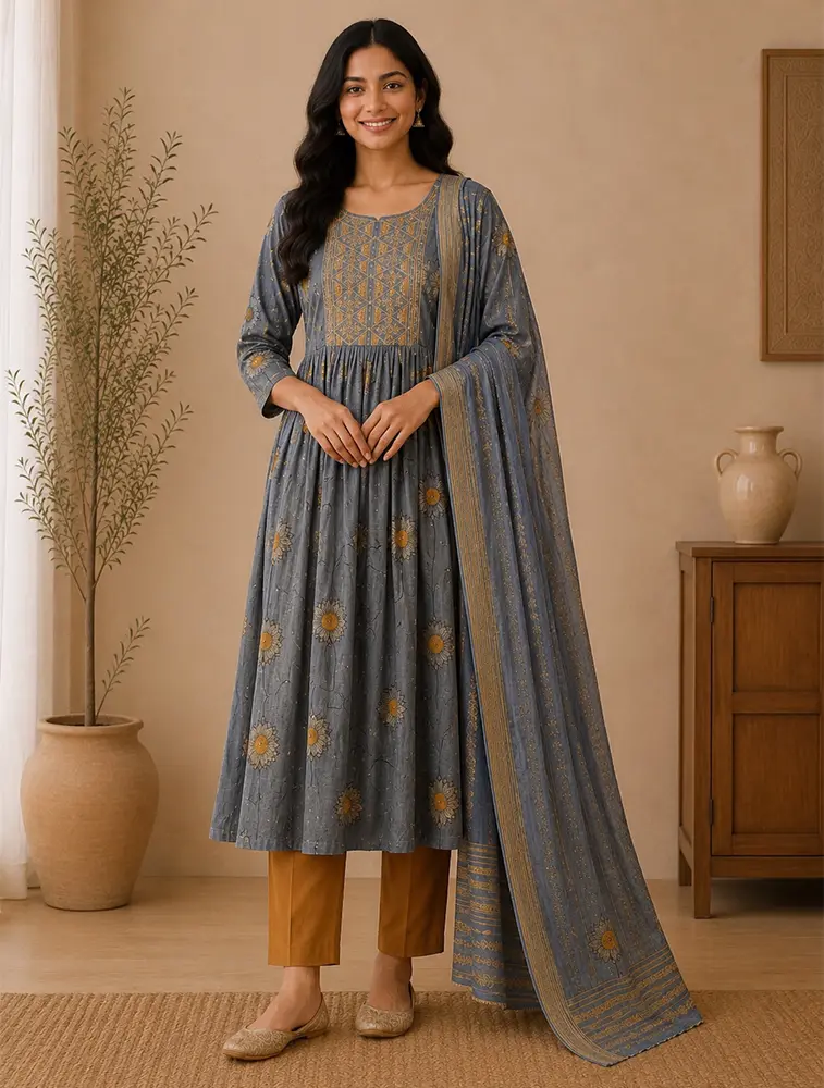 Steel Blue Womens Floral Printed Rayon Fabric Umbrella Cut Kurtha Set With Dupatta