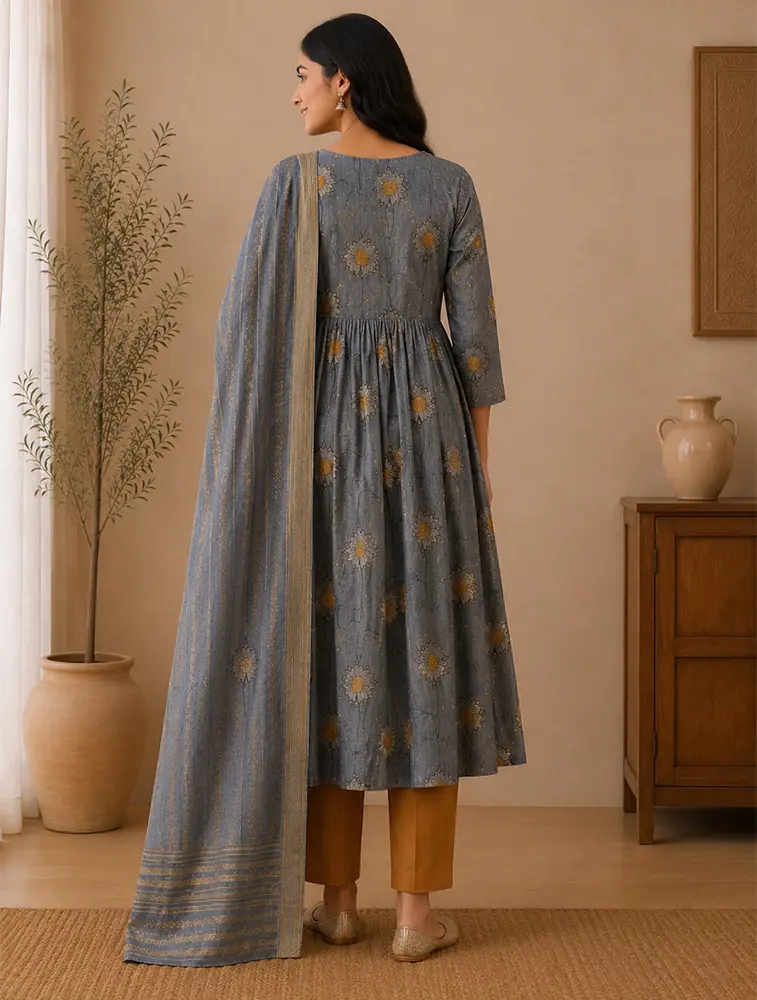 Steel Blue Womens Floral Printed Rayon Fabric Umbrella Cut Kurtha Set With Dupatta — bulk from ₹1333