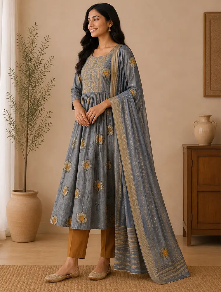 Steel Blue Womens Floral Printed Rayon Fabric Umbrella Cut Kurtha Set With Dupatta