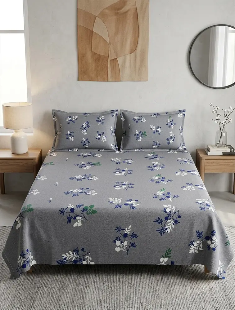 Steel Grey Cotton Printed Double Bed Queen Size Bedsheet