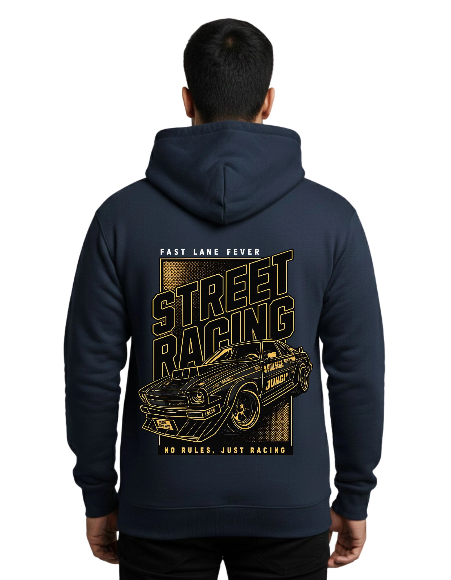 Street Racing Graphic 300 GSM Hoodie Without Zipper Navy Blue