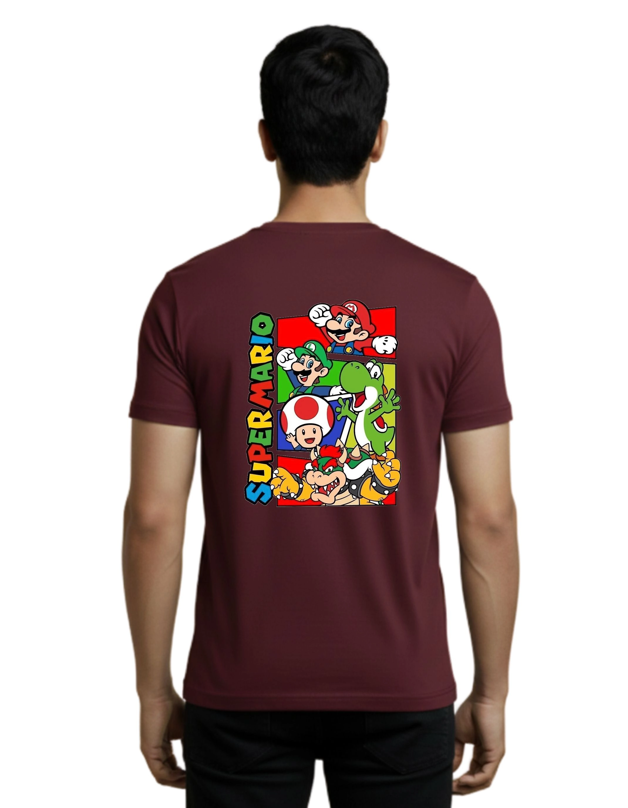 Super Mario Collage Cotton Round Neck T-Shirt 180 GSM Maroon