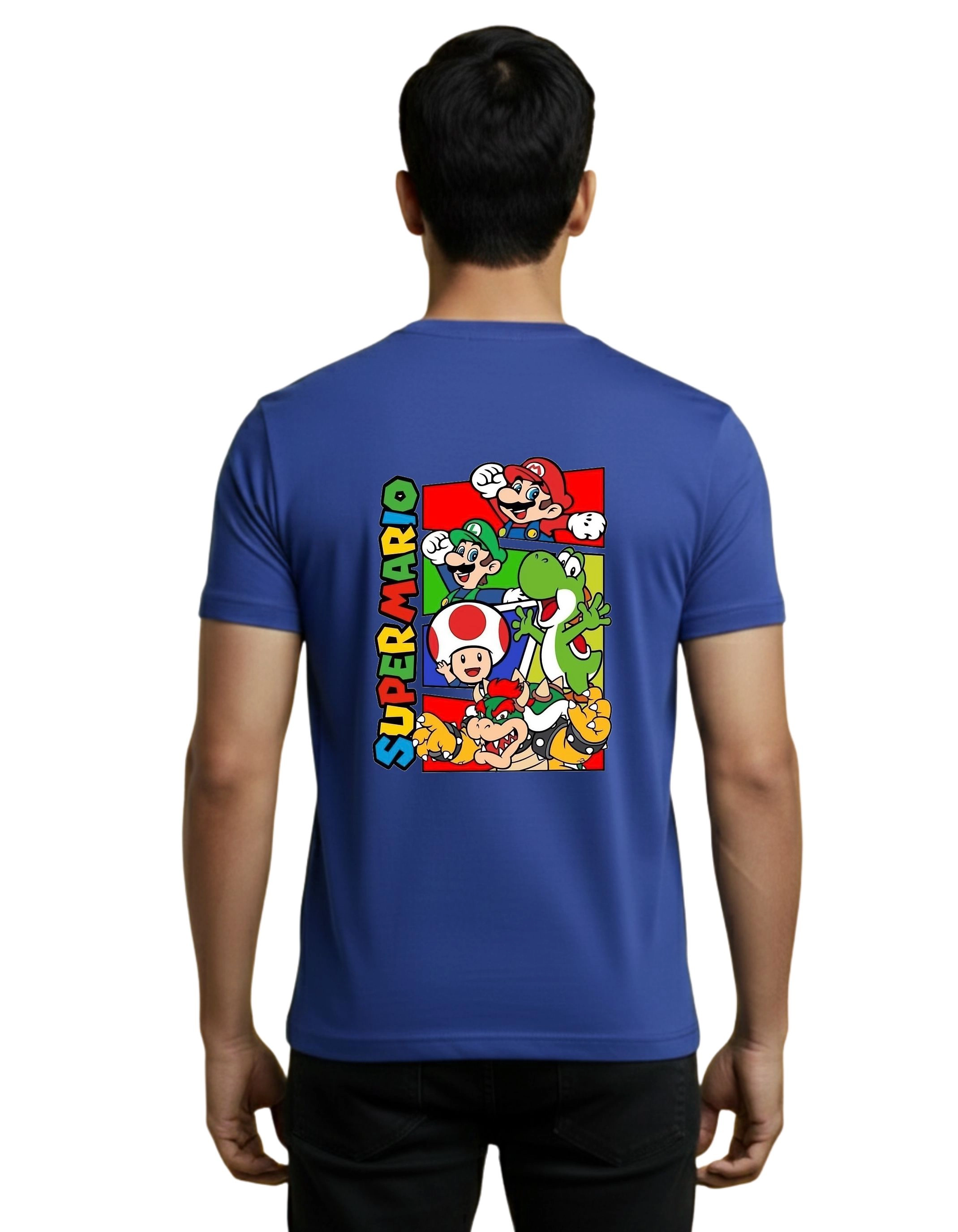 Super Mario Collage Cotton Round Neck T-Shirt 180 GSM Royal Blue