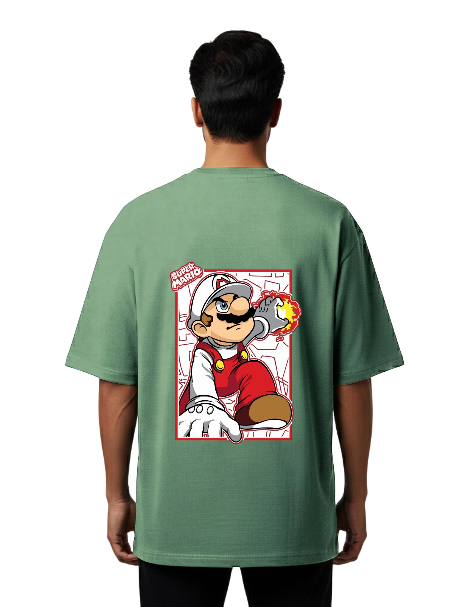 Super Mario Gaming Graphic Oversized Cotton French Terry 240 GSM T-Shirt D Green