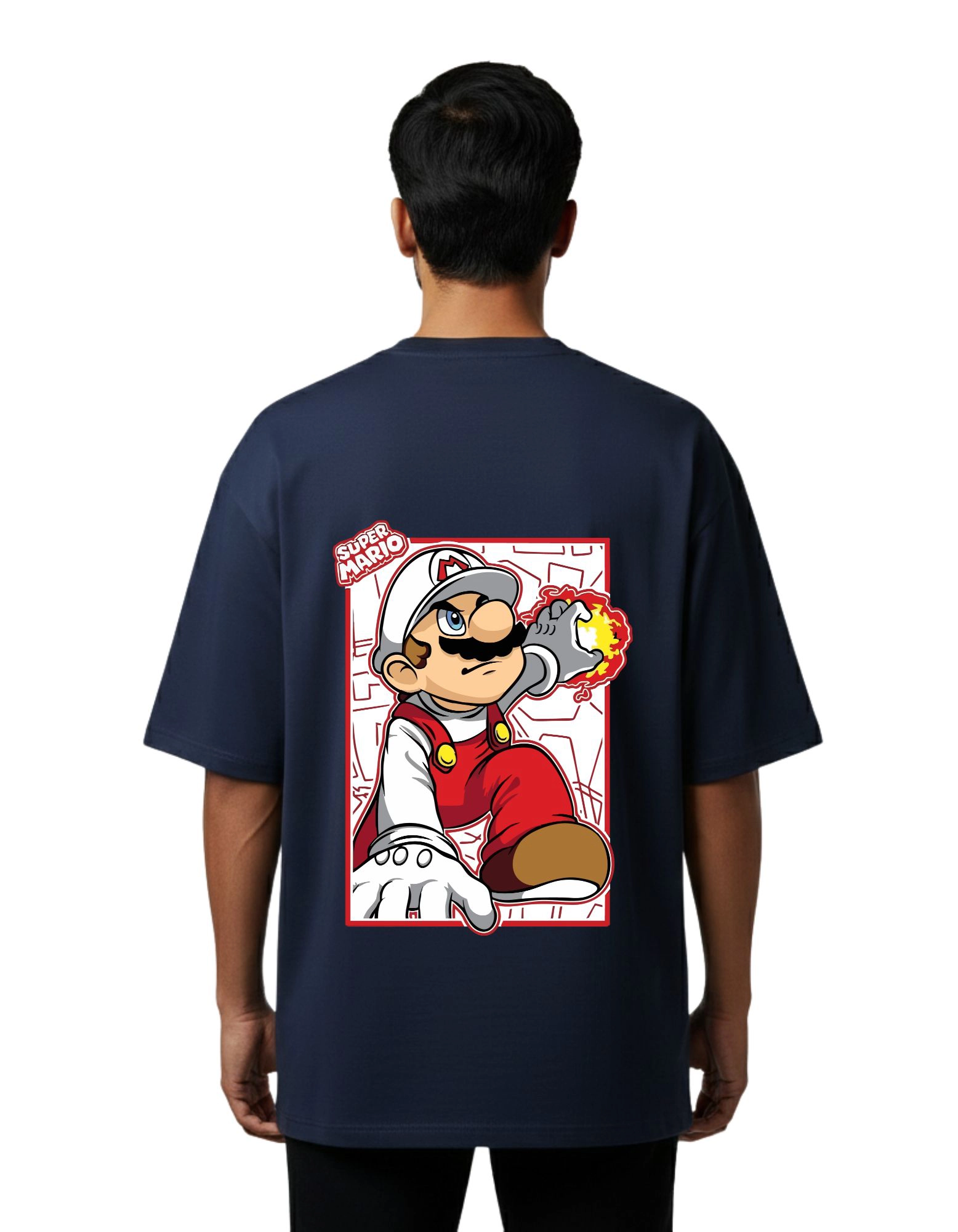 Super Mario Gaming Graphic Oversized Cotton French Terry 240 GSM T-Shirt Navy Blue